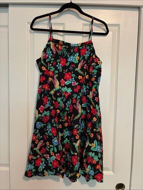 Old Navy Black Midi Dress with Bright Floral & Bird Print